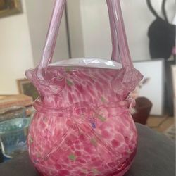 VINTAGE HAND BLOWN BLOCK CRYSTAL GLASS PURSE HAND BAG "CATHERINE" PINK CONFETTI
