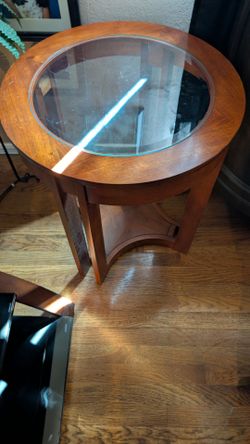 Round Wood End Table with Glass Top
