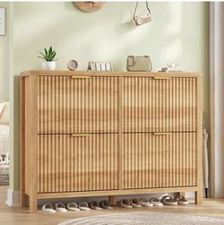 47" Fluted Shoe Cabinet with 4 Flip Drawers - Oak