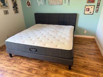 King size Beautyrest Mattress with Gray Upholstered Bed Frame