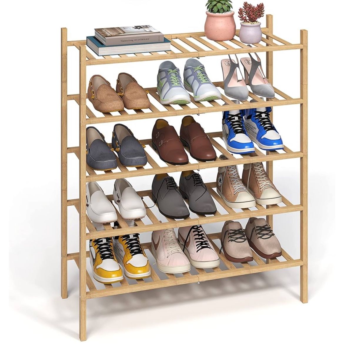 5-Tier Shoe Rack for Closet, Stackable Bamboo Shoe Rack for entryway, Hallway, Bathroom, Multifunctional Utility Shoe Shelf Storage Organizer