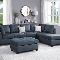 DARK BLUE SECTIONAL SOFA WITH OTTOMAN AND ACCENT PILLOWS 