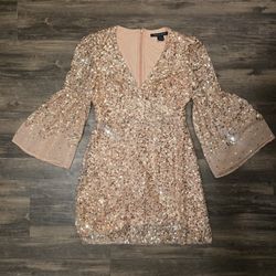 French Connection $228 Gold Sequin Bell Sleeve Mini Dress Blush Nude Size US 6 NWT