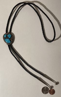 Vintage Bolo Tie Silver With Turquoise Stones Quality Thumbnail