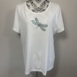 Coral Bay Women’s T-shirt Beaded Dragonfly Size XL White