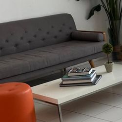 Mid Century Couch Grey Fabric W Wood Accents