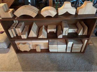 Wooden toy blocks (250+) and wooden shelf