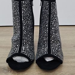 MADDEN GIRL BLACK PEEP TOE STILLETO HIGH HEELS RHINESTONE ANKLE BOOTS