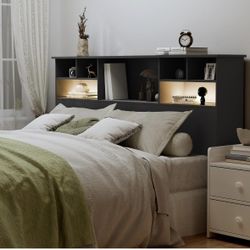 Queen/Full Headboard Only for Bedroom, Stylish Bookcase Headboard with Charging Station & 2 LED Lights, Engineered Wood Queen Size Headboard, Noise-Fr