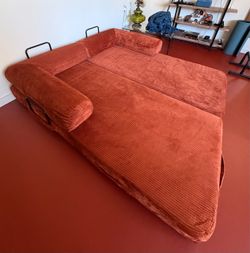 Convertible Corduroy Sofa Bed – Orange (no smoking/pets)