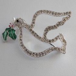 Dove Clear Crystal Rhinestone Flying Peace Enamel Green Holly Silver Pin Brooch