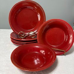 Pair Set of 2 vintage Pier 1 One Spice Route Paprika Red Stoneware Beaded Diner Plates  bowls dish