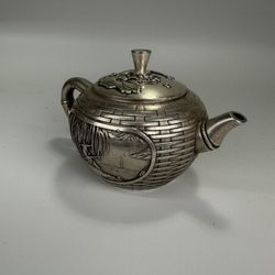 Chinese White Silver Fisherman Woven Grass Tea Pot Koi Fish Lotus Leaf