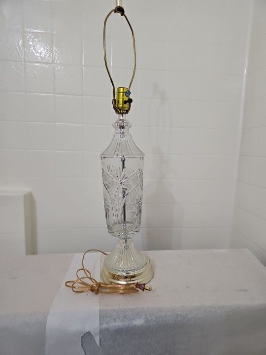 Lamp, 21-in Vintage Crystal Glass Lamp, Zawiercie Lead Glass, Romantic, Vintage Crystal Lamp with Brass Color Base, Poland 24% Lead Crystal