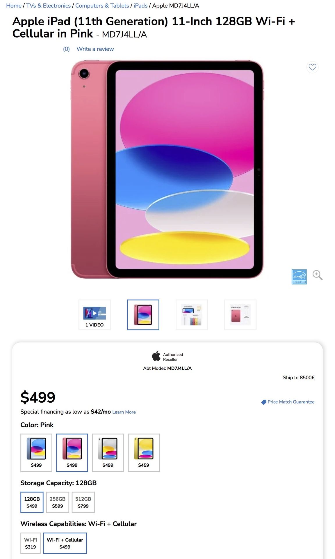 Apple iPad (11th Generation, 2025) 11-Inch 128GB Wi-Fi + Cellular(AT&T) in Pink - MD7J4LL/A