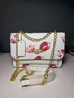 Coach White Red Lipstick Kiss Print Crossbody Wallet on Chain