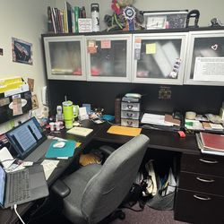 L-Shaped Office Desk Set with Storage & Overhead Cabinets & filing cabinet