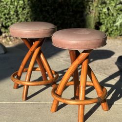 Pair Vintage Mid Century Paul Frankl Bamboo Rattan Bar Stool Chair 