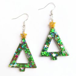 Sterling silver green glitter Christmas trees dangle earrings new handmade resin