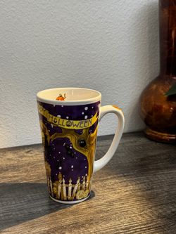Happy Halloween Witch Ceramic Tall Coffee Mug Purple Pumpkin Bat Spooky Cup