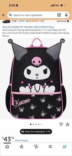 Sanrio Kuromi Young Adult Backpack | 17.5-Inch Bag with 3D Ears and Front Zip Pocket