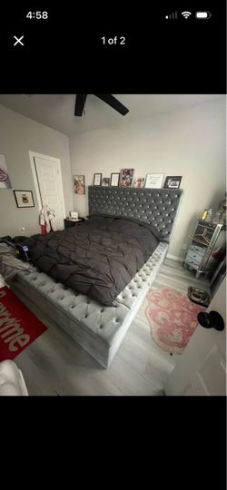 Bluish, gray suede platform king size bed frame