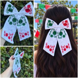 Mexican Independence Day White Tricolor Floral Hair Bow - Moño Blanco Tricolor Floral Mexicano