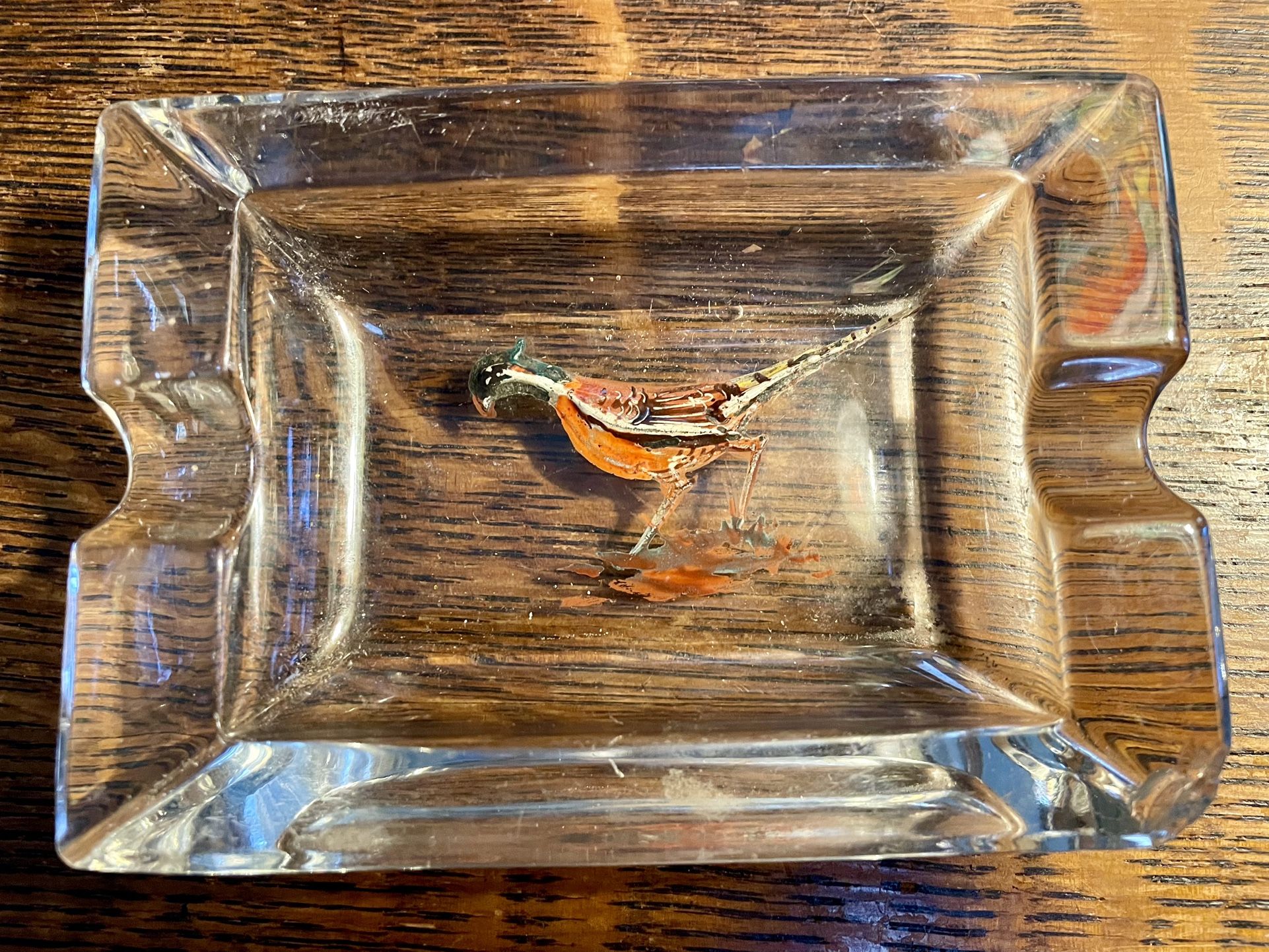 1950s solid sturdy glass tray with hand painted pheasant