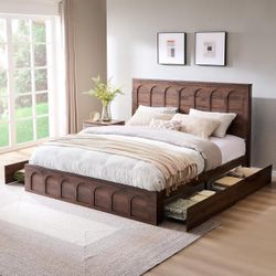 King Size Bed Frame, 51 Tall Arched Headboard, 4 Storage Drawers, Solid Wood Slats Noise Free Platform Bed, No Box Spring Needed, Brown Highlights Att