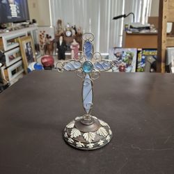 Gorgeous Pearlized Light Blue Stained Glass Cross With Central Blue Gemstone, Silver Wire Frame  7.75" X 4.25"