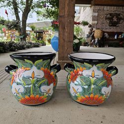 Talavera Sunflower And Alcatraz Clay Pots, Planters,Plants, Pottery $55 cada uno.