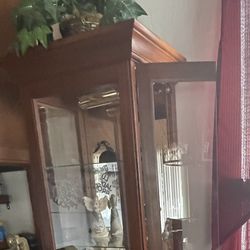 Antique Curio Cabinet Glass/Wood/mirror with Light