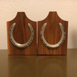 Set Of Vintage bookends Wooden With Metal Horse Shoe