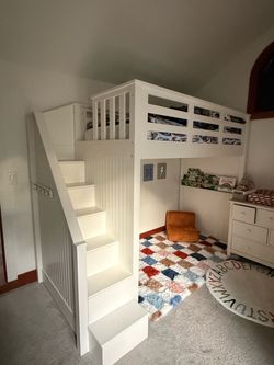 White Wood Loft twin Bed with Stairs