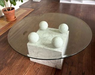 Stunning Postmodern Marble and Glass Coffee Table, Side Table, and Floor Lamp Set