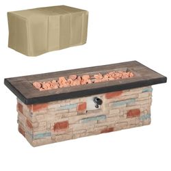 Outsunny 48 Inch Outdoor Propane Gas Fire Pit Table, 50,000 BTU Auto-Ignition Rectangular Faux Ledge Stone Gas Firepit with Lava Rocks and Rain Cover,