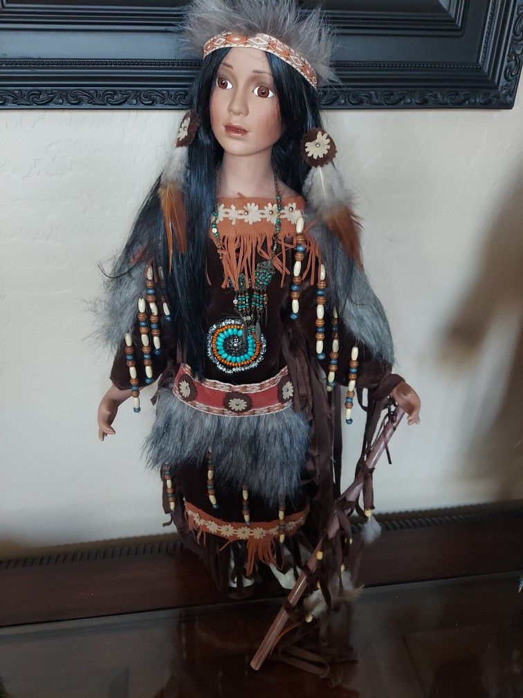 Beautiful Porcelain Tall Native Doll For Decor