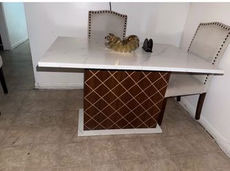 Marble Top Dining Table with Wood Pedestal Base