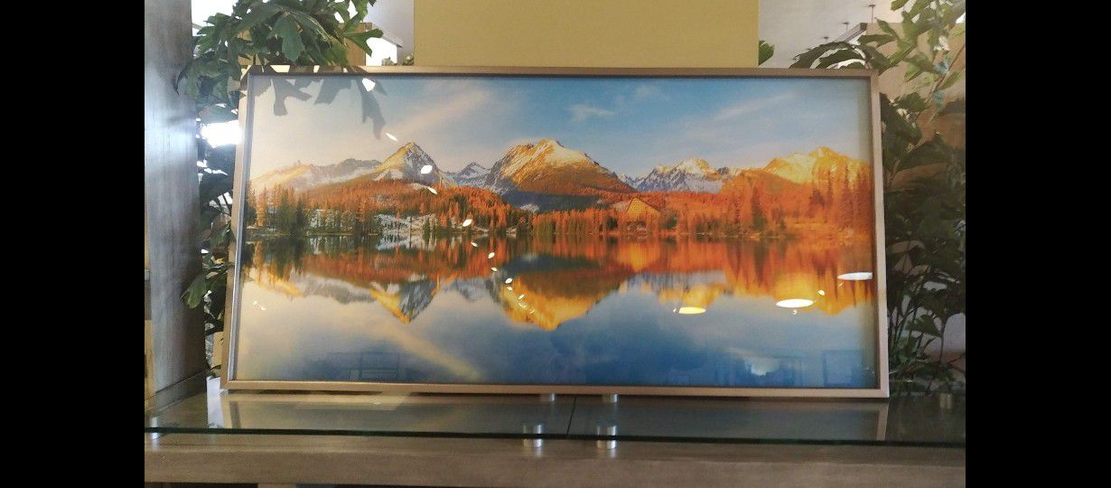 Large Glass Framed Photograph of Mountains and Lake 