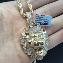 Gold Diamond Lion Pendant & Chain 10K New
