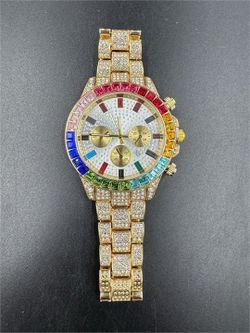 Custom Luxury Gold Overlay and Multi Gemstone & White Sapphire White Face Watch