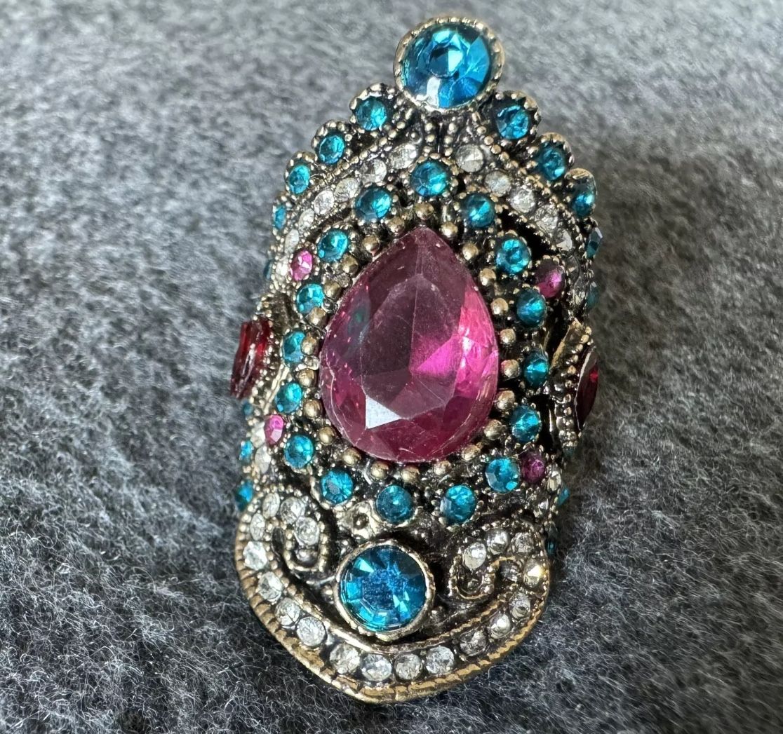 Large Vintage Statement Colored Pink Turquoise Gemstone Metal Size 7 Ring