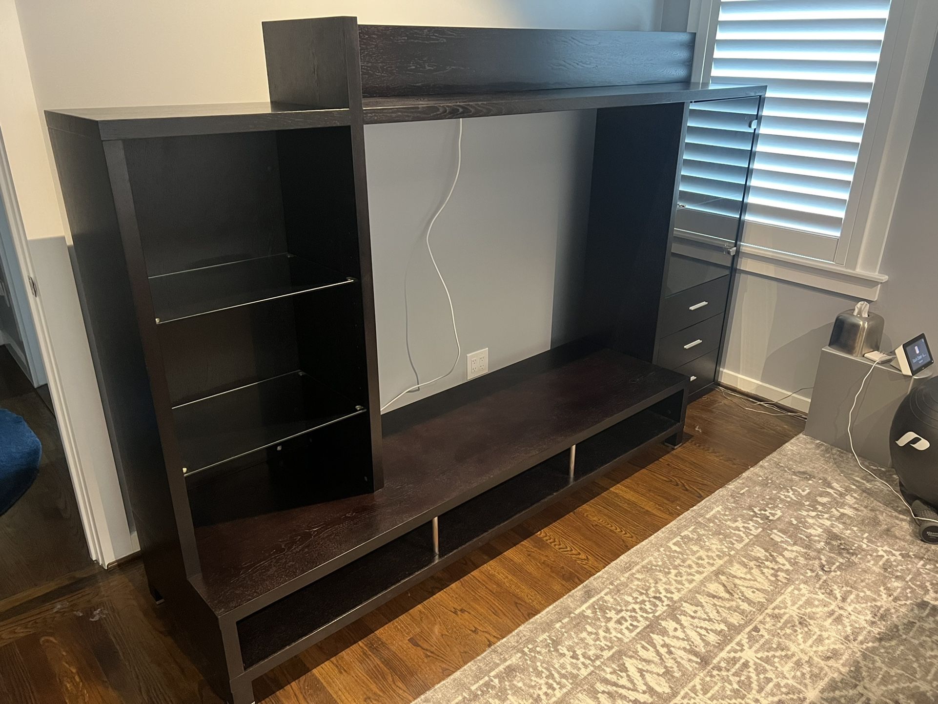 Media console With Glass cabinet And Glass Shelving