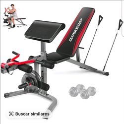 Sy Exercise bench, adjustable weights, 25-pound discs, 25-pound, 1-pound dumbbells, and a Z-bar.