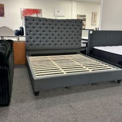 Gray Linen King Size Platform Bed Frame