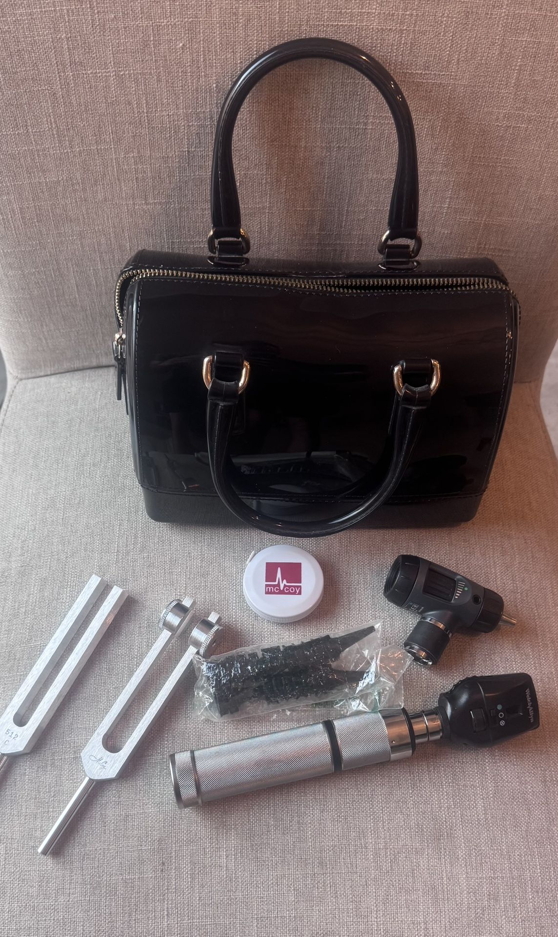 🖤 Black Patent Leather Handbag + Medical Tools Bundle (Welch Allyn & McCoy)