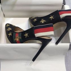 Gucci Star Bee Black Leather Stiletto Shoes Size 38 8