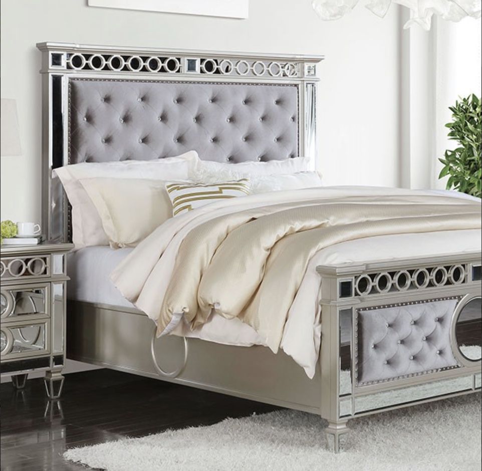 Only Available In Size Queen Brand New In Box Firm Price $880 Bed Frame ONLY Grey Velvet Faux Crystal Tufting Mirrored Accent