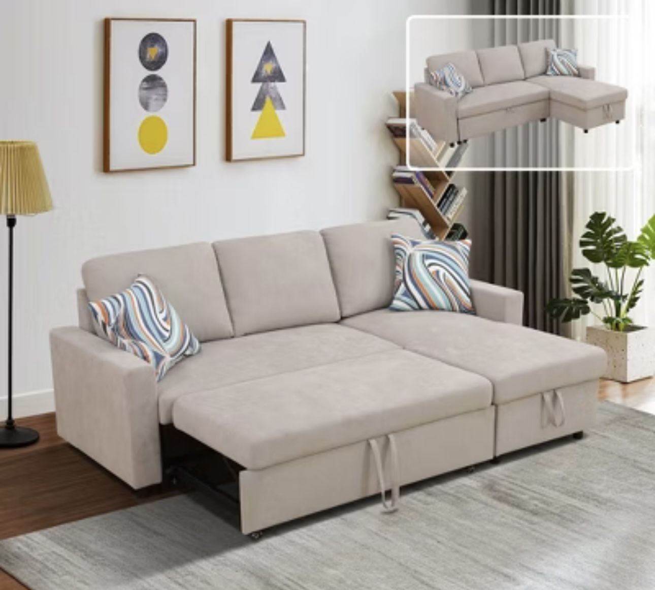 Beige Microfiber Sectional Sleeper Sofa Couch