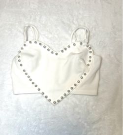 White Pearl Trim Heart Neck Crop Top